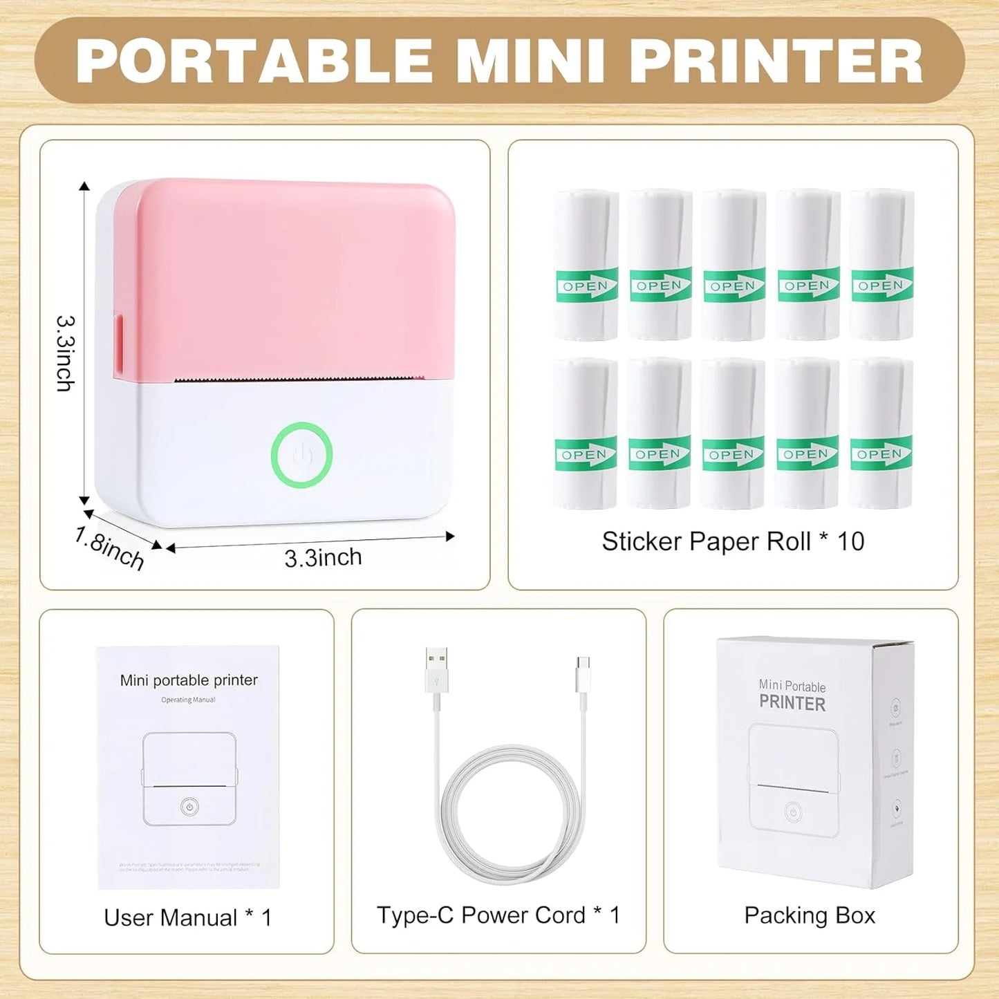 Thermal Mini Printer, Portable Inkless Sticker Maker, Bluetooth Printer for Phone, Wireless Label Printer with Tape, Free Cut Small Pocket Printer for Notes&Children DIY, Compatible with Ios&Android