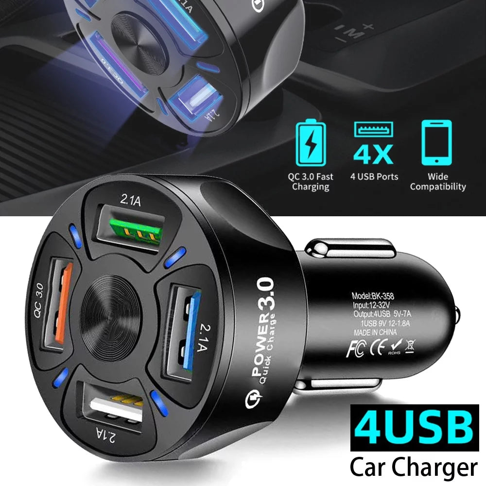 4-Port USB Car Charger, QC3.0 Fast Charging 4 USB Car Charger Adapter 7A Smart Shunt Car Phone Charger with Light, Suitable for Iphone & Android,Samsung Galaxy S10 S9 Plus