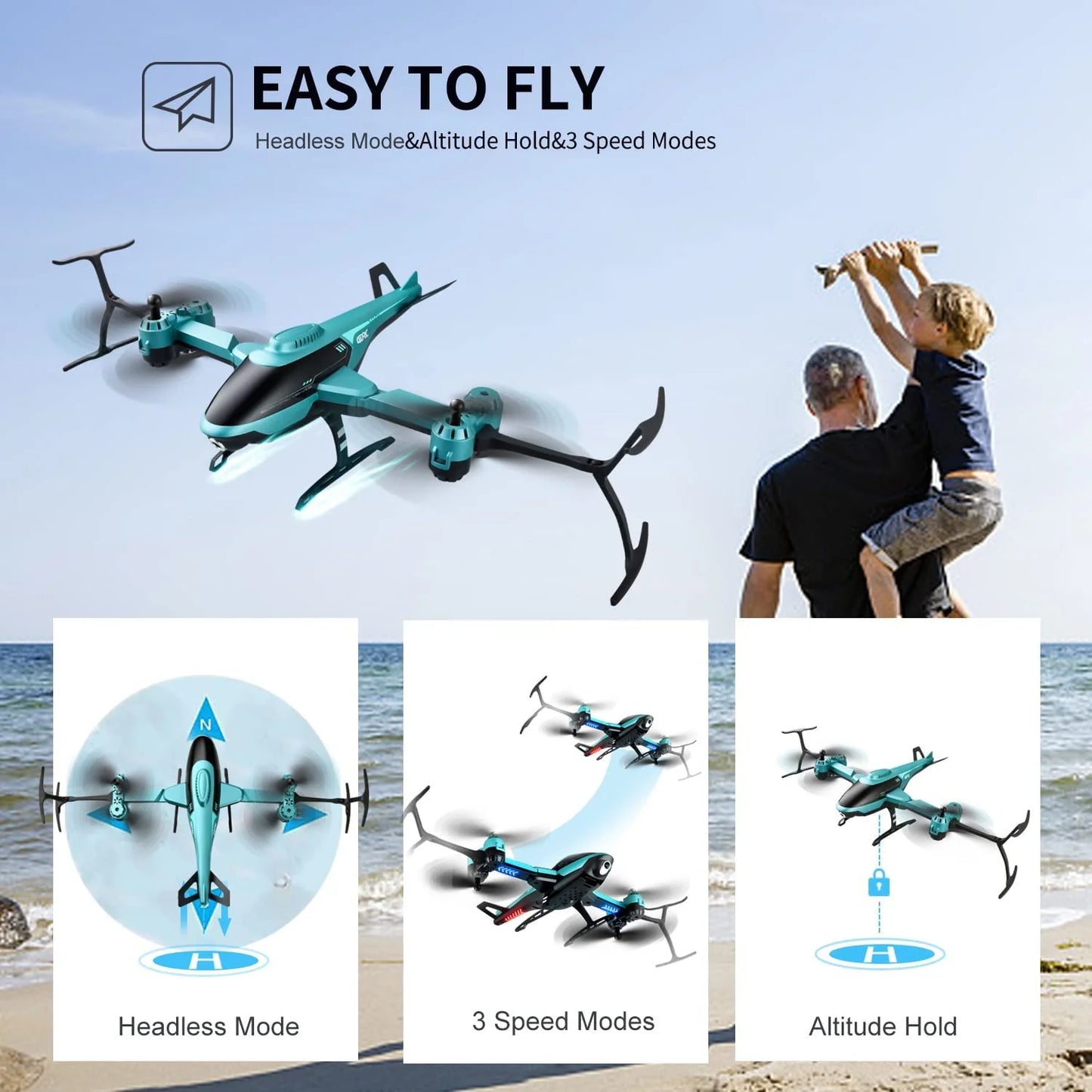 RC Helicopte Drone with 1080P HD Camera for Kids Adults, FPV Drone Beginners Foldable Live Video Quadcopter 2 Batteries Blue